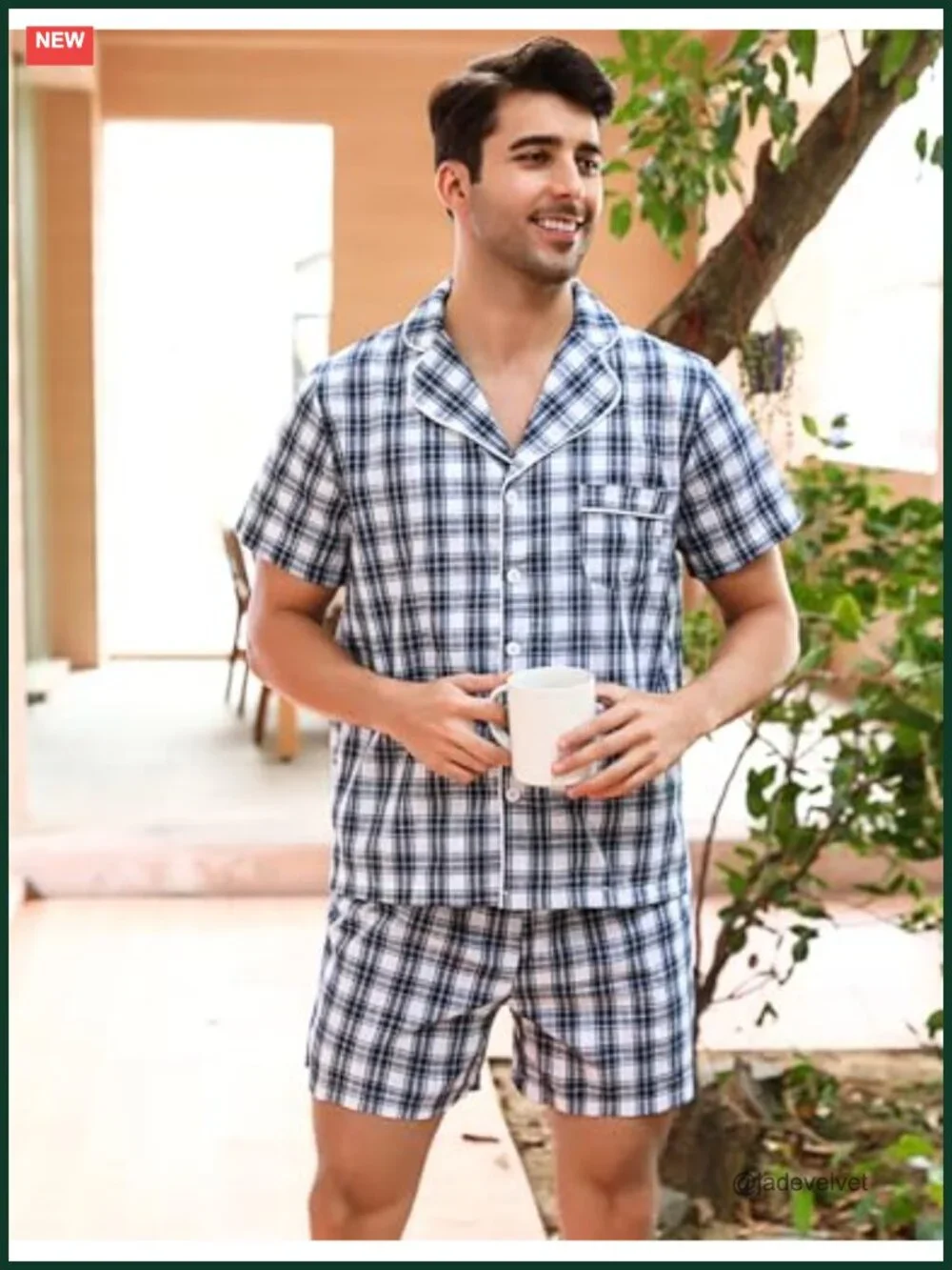 Cotton Pajama Set Short Sleeve Button Down Lounge Set Plaid Sleepwear